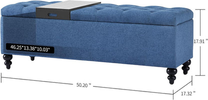 Storage Ottoman 50.2 Inches Upholstered Fabric Storage Ottoman Bench，Button Tufted Ottoman with Storage for Living Room (Blue-TP)