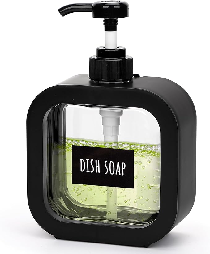 Segbeauty 16.9oz Hand Soap Dispenser, 500ml Leak-Proof Liquid Soap Dispenser for Bathroom, Black Modern Dish Soap Dispensers for Kitchen Sink, Refillable Plastic Pump Bottle with Waterproof Labels