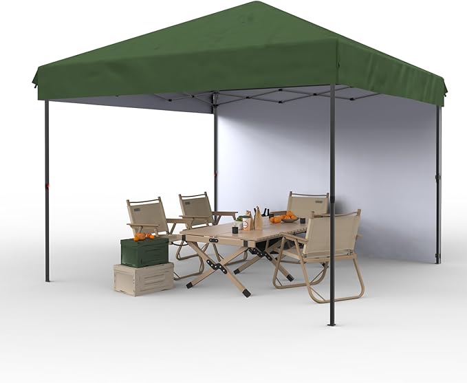 GarveeLife 10x10 Pop Up Canopy with One Sidewalls - Easy Up Camping Tent with One Button Push Setup - 1 Roller Bag, 3 Adjustable Height, 4 Weight Bags for Deck, Garden, Sports, Beach, Party (Green)