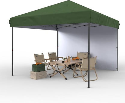 GarveeLife 10x10 Pop Up Canopy with One Sidewalls - Easy Up Camping Tent with One Button Push Setup - 1 Roller Bag, 3 Adjustable Height, 4 Weight Bags for Deck, Garden, Sports, Beach, Party (Green)