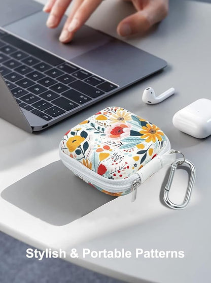 Square Earbud Case Headphone Organizer Ear Bud Case Portable EVA Carrying Box Storage Bag with Carabiner for AirPods Beats Bose Galaxy Buds 3 Data Cable Storage (Blooming Floral)