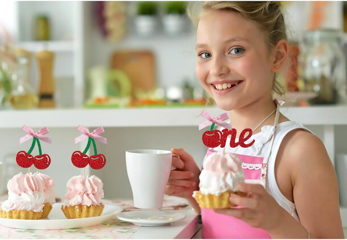 24 Pack Cherry 1st Birthday Cupcake Toppers, Glitter Cherry First Birthday Cake Pick for Fruits Theme One Birthday Party Cake Decorations Supplies (Ribbon One)