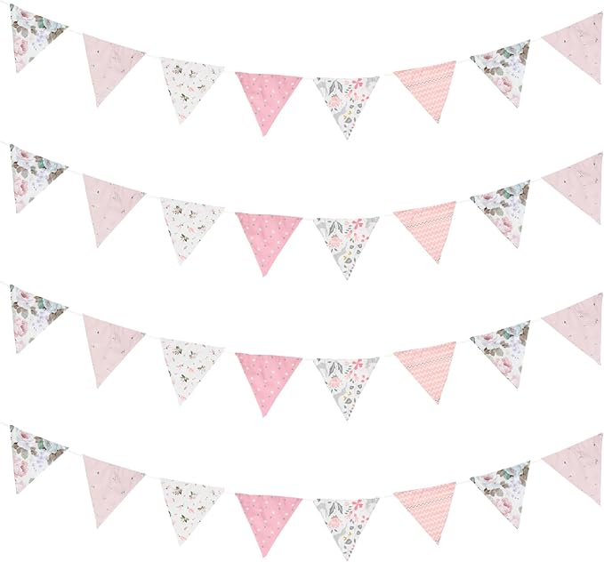 Zwiebeco 32Ft Pink Fabric Floral Pennant Banner Bunting Cotton Pinkish Flowers Triangle Flags Party Decorations for Birthday Wedding Engagement Bridal Baby Shower Rustic Village Home Garden Decor