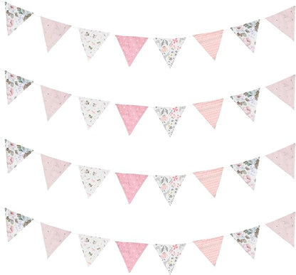 Zwiebeco 32Ft Pink Fabric Floral Pennant Banner Bunting Cotton Pinkish Flowers Triangle Flags Party Decorations for Birthday Wedding Engagement Bridal Baby Shower Rustic Village Home Garden Decor