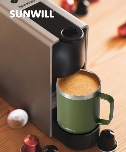 Sunwill Travel Coffee Mug with Lid, Insulated Tumbler with Handle, 14 oz Stainless Steel Cup for Camping, Office, Home, Powder Coated Olive