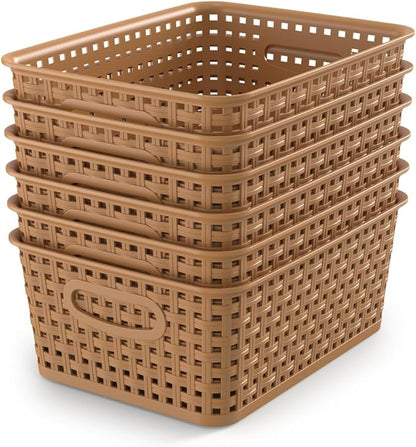 WYT 6-Pack Plastic Small Shelf Storage Weave Baskets Organizing for Cabinets and Pantries, Light Brown