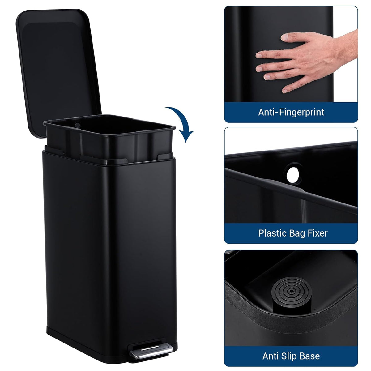 Garvee 13 Gallon Kitchen Trash Can, Stainless Steel Step Garbage Bin with Soft-Close Lid & Removable Bucket, Fingerprint Proof, Slim for Narrow Spaces, Bathroom or Office (Black+Silver, 13 Gallon)