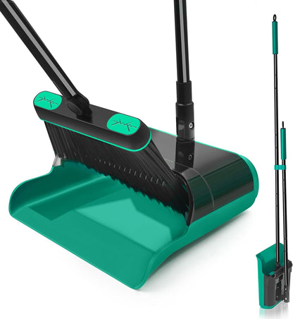 JEHONN Broom and Dust Pan, Upgraded Large Foldable Dustpan with Comb Teeth, 53.5 inches Long Handle Swivel Brush Indoor for Home Kitchen Lobby Floor Cleaning (Green)
