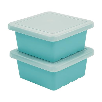 ECR4Kids Stackable Square Bins with Non-Snap Lids, Multipurpose Organization, Seafoam, 2-Pack