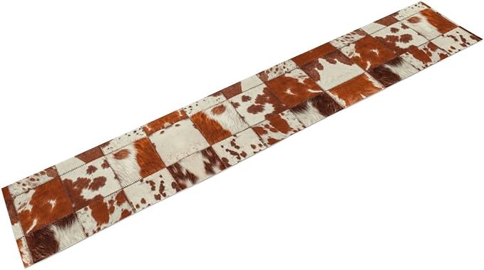 Cow Print Table Runner, Brown Cowhide Print Collage Fur Western Style Table Runner Country Farmhouse Cottage Cow Pattern Linen Table Decoration for Home Kitchen Dining 13x108