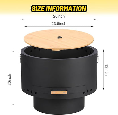 GarveeLife 26 in Smokeless Fire Pit with Removable Ash Pan, Wood Burning Firepit Table with Lid&Fire Poker,Smokeless Outdoor Fireplace with Dust Bag, Outdoor Fire Pits for BBQ, Table, Bonfire, Camping