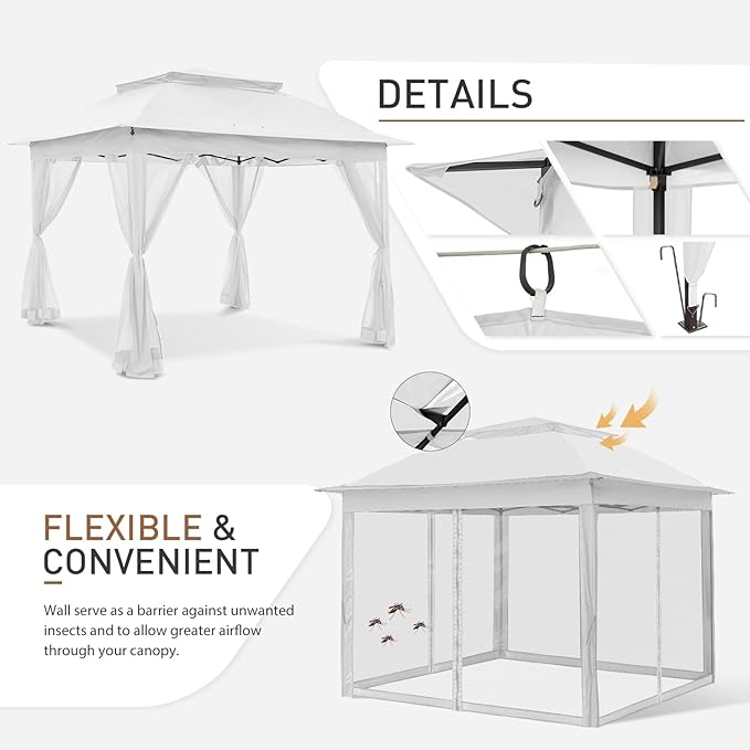 COOS BAY 11x11 Pop Up Gazebo with Mesh Netting, Instant Outdoor Canopy Tent, Water Resistant Shelter with UPF 50+ UV Protection, 121 Sq Ft Coverage, White