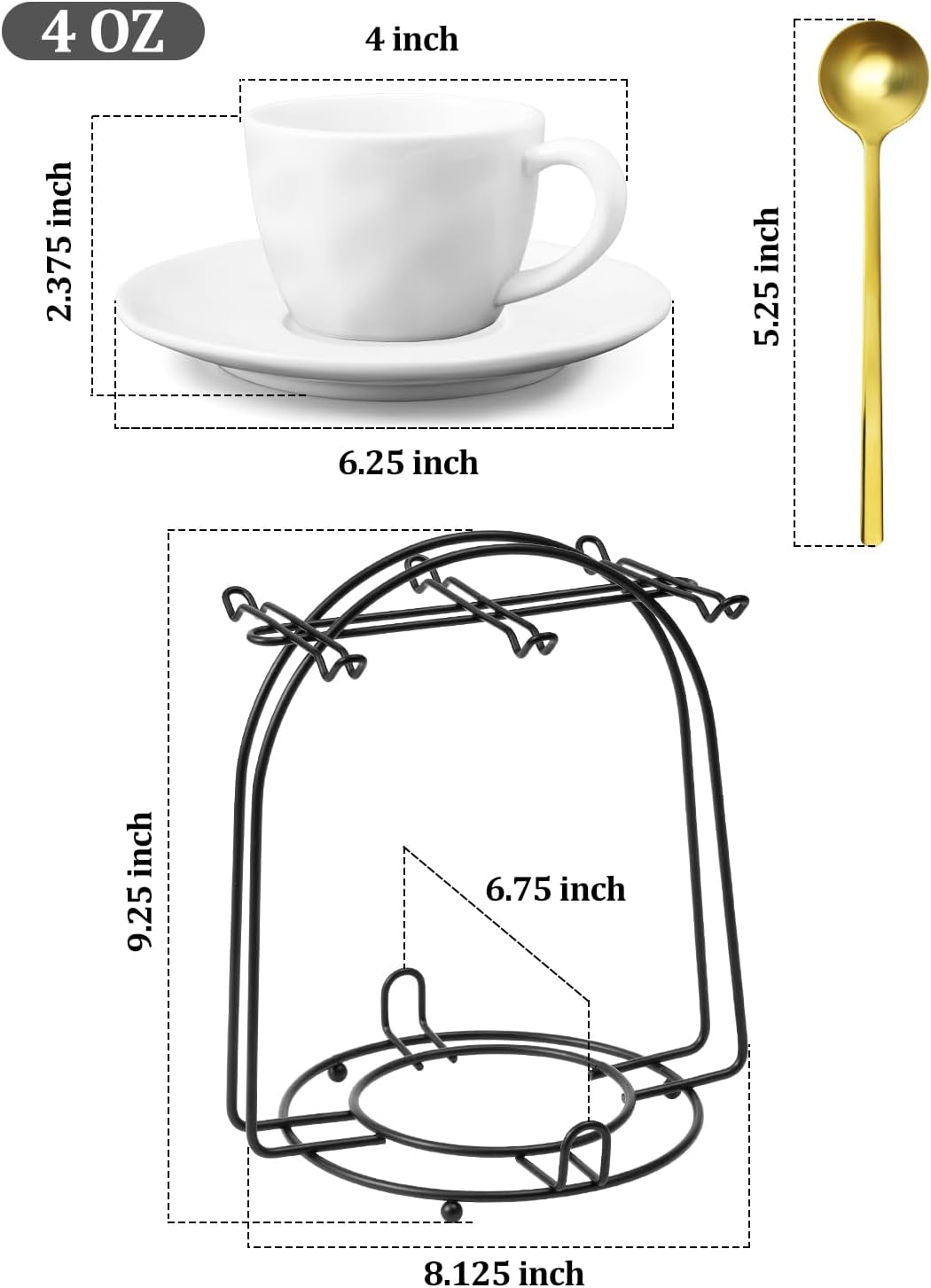 Yedio 4 oz Espresso Cups with Saucers and Metal Stand, Spoons, Porcelain Stackable Coffee Cups, Demitasse Cups, Perfect for Single or Double Espresso
