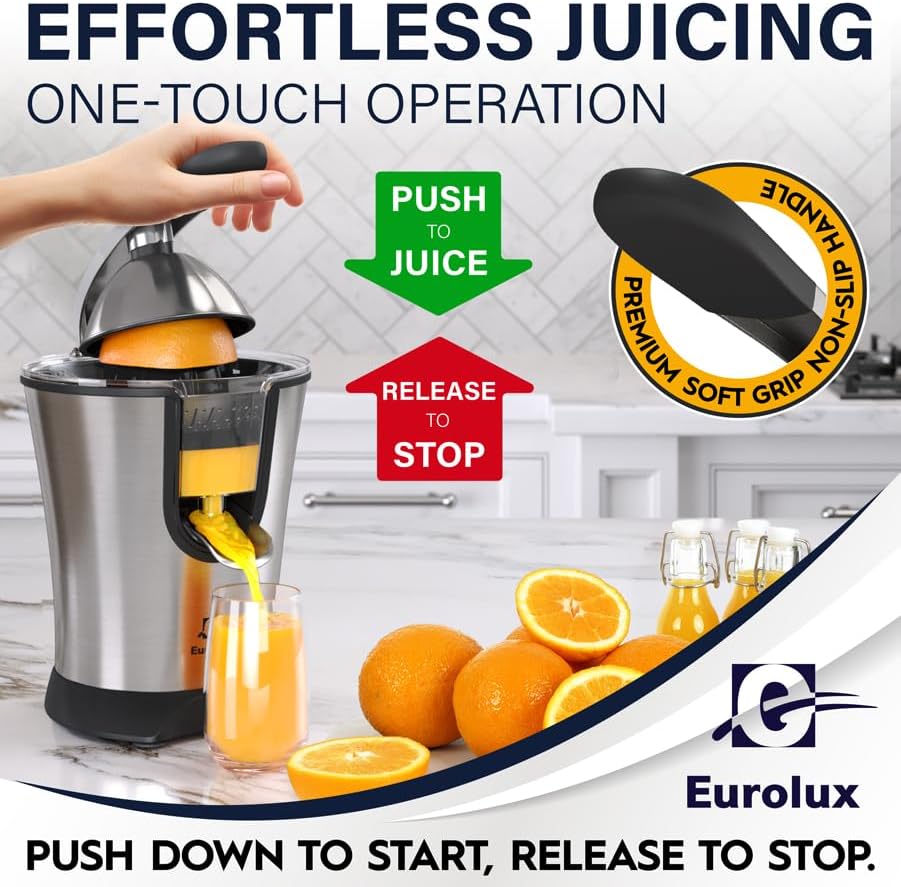 Eurolux Premium Electric Orange Juicer | Stainless Steel Citrus Squeezer With New Ultra-Powerful Motor and Soft Grip Handle for Effortless Juicing, Auto Shutoff, Dishwasher-safe Parts, Pulp Control