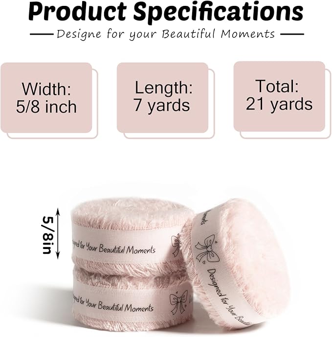 Pink Cotton Ribbon 5/8 Inch Pink 3 Rolls 21 Yards Frayed Edge Fabric Set for Bridal Shower, Baby Shower, Wedding Invitations, Birthday Party & Gift Wrapping