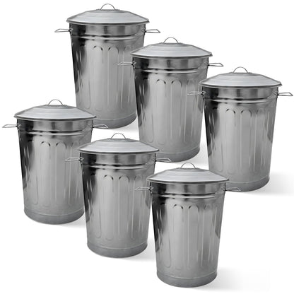 Plexon Round Trash Can 13 Gallon, Vintage Metal Outdoor Trash Can with Lid, Retro Farmhouse Garbage Container, Old School Modern Ash Bucket, Galvanized Steel 6 Pack