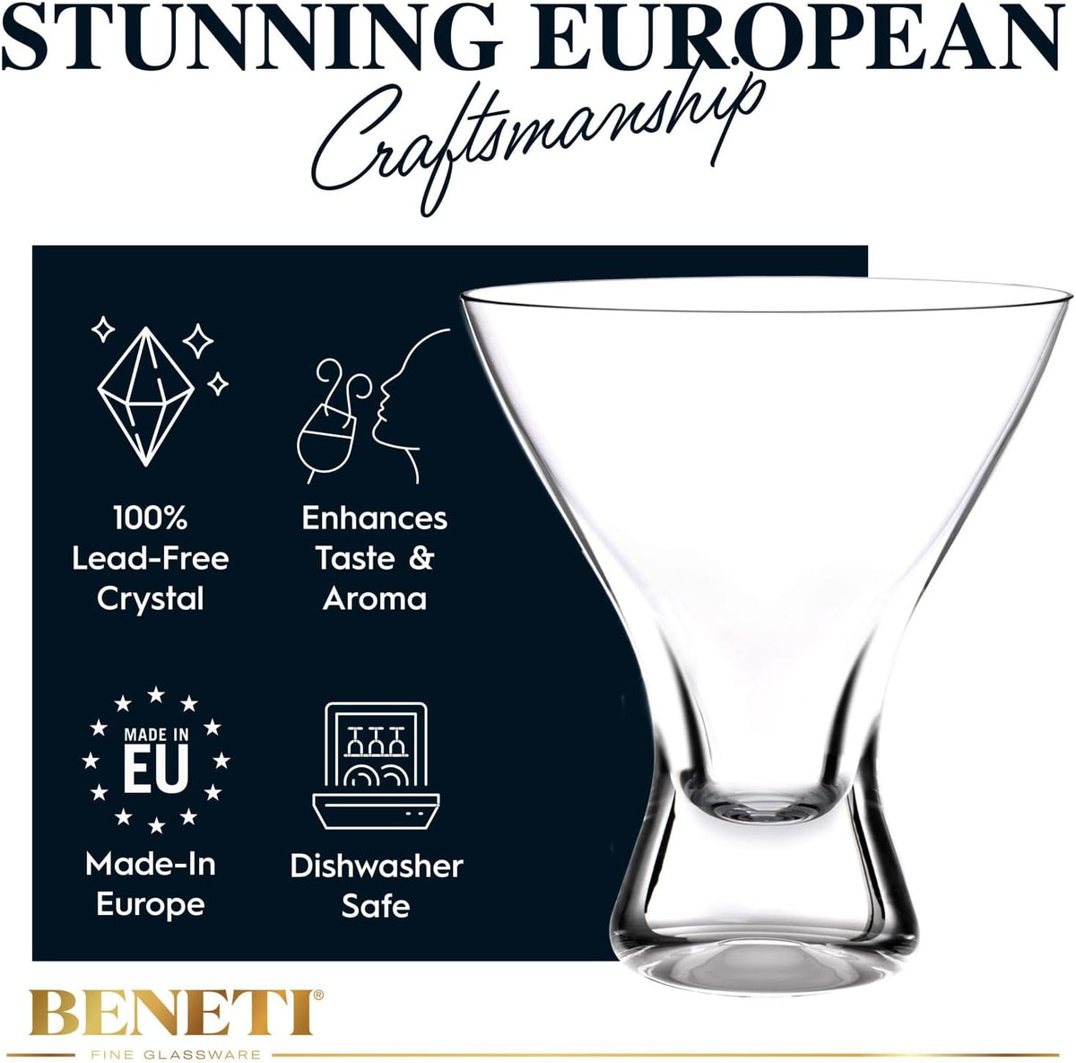 Beneti Martini Glasses Set of 4, Made in Europe, 8oz Clear Stemless Cocktail Bar Drinking Glassware Set for Parties (4 Pack)