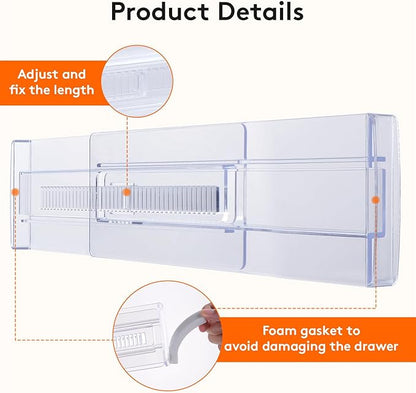6 Pack Drawer Dividers, Adjustable Drawer Organiser Divider(11.3-20"), 3.2" High Extendable Plastic Drawer Dividers for Kitchen Bedroom Office Desk Cosmetic Cutlery Organisers