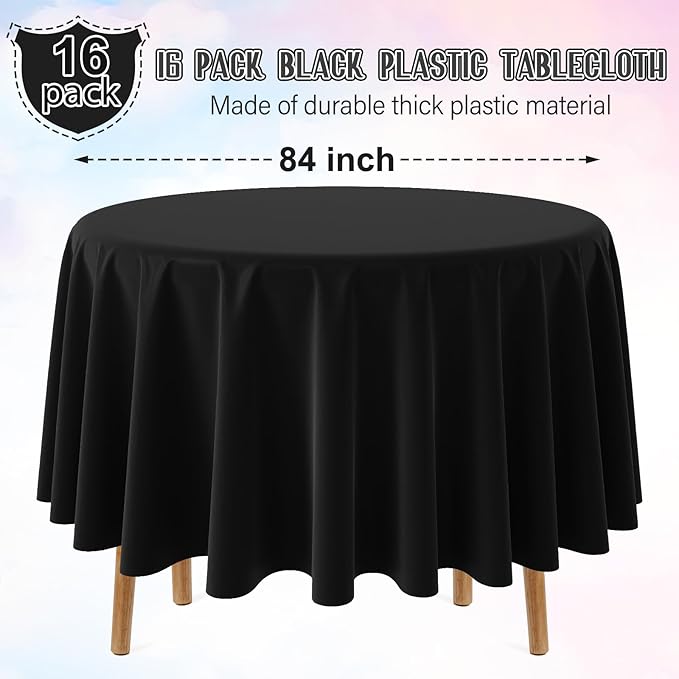 16 Pack Black Plastic Tablecloth for Round Tables, Premium Decorative Black Disposable Table Cloths for Parties, Bulk Round Party Table Cover for Birthday Wedding Anniversary Graduation, 84 Inch