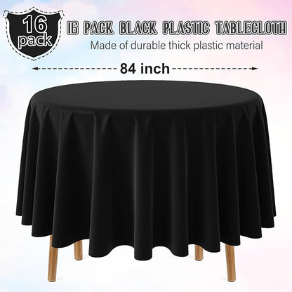 16 Pack Black Plastic Tablecloth for Round Tables, Premium Decorative Black Disposable Table Cloths for Parties, Bulk Round Party Table Cover for Birthday Wedding Anniversary Graduation, 84 Inch