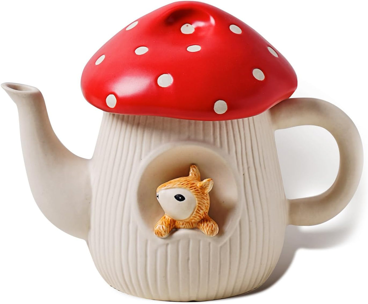 Cute Mushroom Teapot, Handmade Glaze Polka Dot Lid, Safety Matt Ceramic Tea Pot, With squirrel decoration. 23 oz / 680 ml