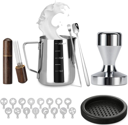 Espresso Accessories Kit 51mm Tamper: 51mm Espresso Tamper Set Barista Tools Including Coffee Tamper, Milk Frother Cup, WDT Tool Espresso Tools, Tamper Mat, Latte Pen, Coffee Spoon, Coffee Stencils