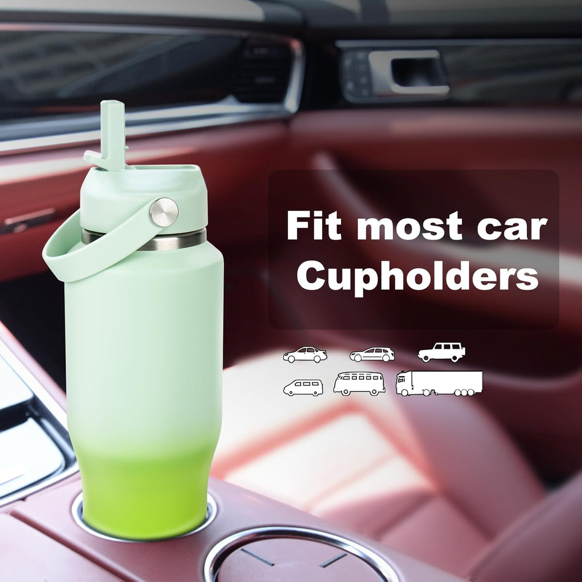 32oz Insulated Water Bottle, Fit in Any Car Cup Holder, Water Bottle with Straw Lids
