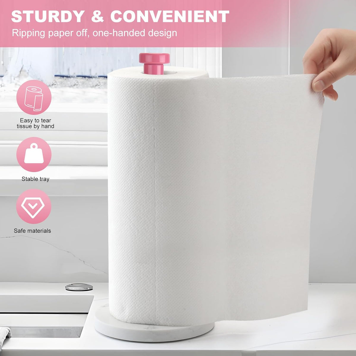 Standing Paper Towel Holder, Kitchen Paper Towel Roll Holder- for Bathroom Kitchen Countertop with Weighted Marble Base for One-Handed Operation (Pink), Pink Paper Towel Holder
