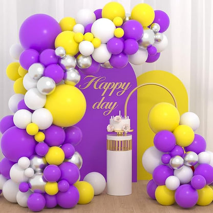 Purple Yellow White Balloon Garland Arch Kit - 122pcs, 12in, 10in, 5in Balloons, Metallic Silver, Basketball Birthday Party Decorations
