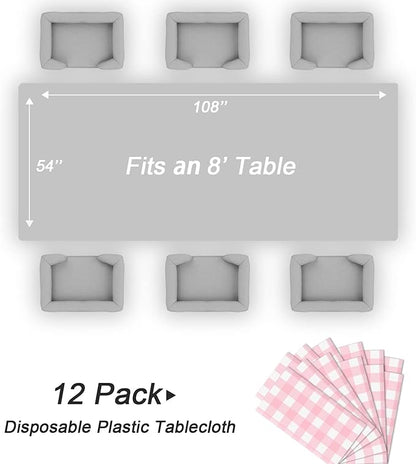 QIKSION Pink Gingham Tablecloth Disposable 12 Pack, 54 x 108 Inch Pink and White Checkered Table Cloth for Baby Shower, Easter, Mothers Day Decorations, Birthday Party, Rectangle, Plastic Table Cover