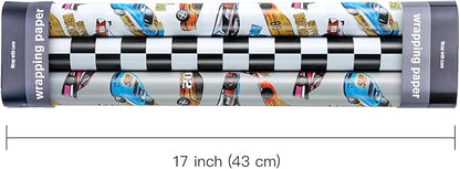 WRAPAHOLIC Racing Car Birthday Wrapping Paper - Mini Roll - 3 Rolls - 17 Inch x 120 Inch - Checkered Flag Car Wrapping Paper for Kids Boys Birthday, Baby Shower