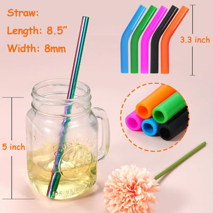Lazycorner Reusable Stainless Steel Straws Metal Straw with Silicone Tip 5 Pcs 8mm Wide for 20/30/32oz Tumblers Smoothies and Shakes with 2 Cleaning