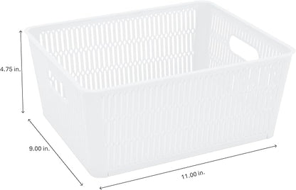 Simplify 4Pk Large Slide 2 Stack It Tote Basket | Storage & Organization | Open Bins with Stackable Capability | Bathroom | Crafts | Pantry | Playroom | Office | White (KIT-25930-WHITE-4PK)