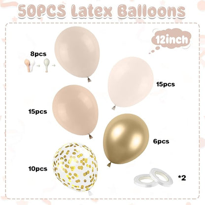 Blush Gold Beige Neutral Balloons, 50pcs 12 inch Double Stuffed Beige Boho Balloons with Metallic Gold Confetti Nude Neutral Cream Balloon for Bridal Baby Shower Birthday Wedding Party Decoration