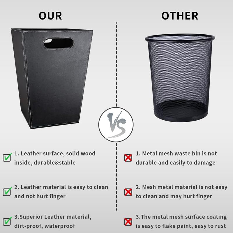 Pu Leather Trash Can for Bedroom, 16L/4.2 Gallon Office Wastebasket with Handles for Near Desk, Black Bathroom Garbage Cans for Home Decorative, Square Waste Basket Bin for Dorm Easy to Clean