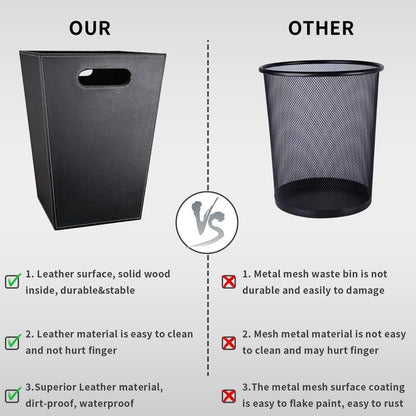 Pu Leather Trash Can for Bedroom, 16L/4.2 Gallon Office Wastebasket with Handles for Near Desk, Black Bathroom Garbage Cans for Home Decorative, Square Waste Basket Bin for Dorm Easy to Clean