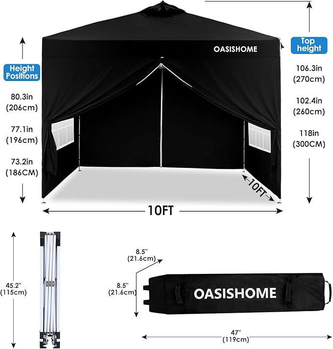 OASISHOME Canopy Tent 10'x10' Pop Up Gazebo with 1-Person Set Up, 4 Sidewalls, Wheeled Bag, Waterproof UV Protection Heavy-Duty Steel Frame Shelter for Patio Outdoor Wedding Party Event (Black,10x10)