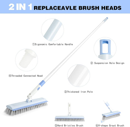 Floor Scrub Brush and V-Shape Grout Brush with Long Handle 3 in 1 Replaceable Head Scrape Brush Stiff Bristle with Swivel Head for Cleaning Tiles Hardwood Floors Patios Blue