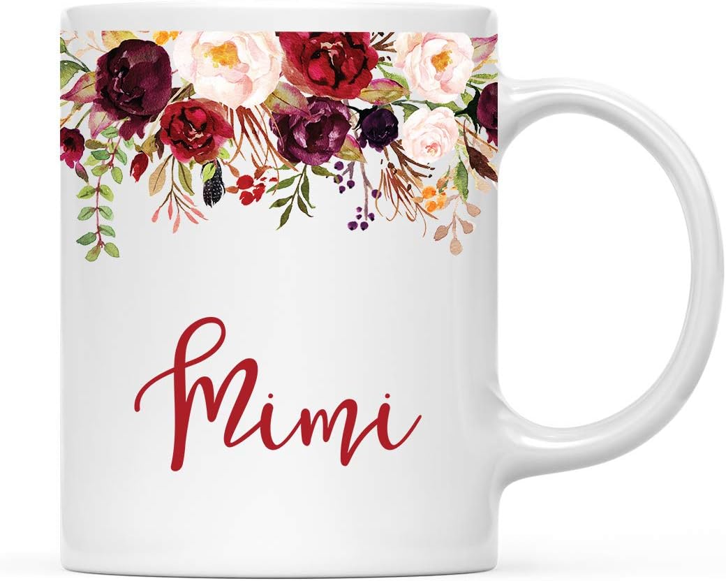 Andaz Press 11oz. Mother's Day Ceramic Coffee Tea Mug Gift, Fall Autumn Marsala Burgundy Flowers Roses Florals, Mimi, 1-Pack, Includes Gift Box, Birthday Christmas Gift Ideas