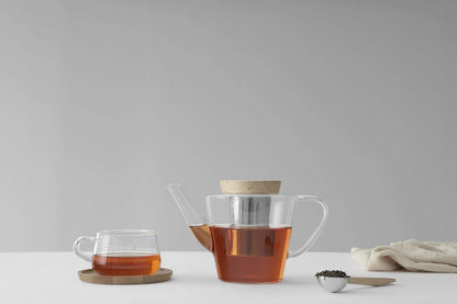 Viva Infusion Borosilicate Glass Tea Pot for Stovetop with Loose Leaf Tea Infuser Mesh - 34 ounce/1 Liter - Modern Teapot Features Bamboo Wood Lid, Tea Maker for Blooming