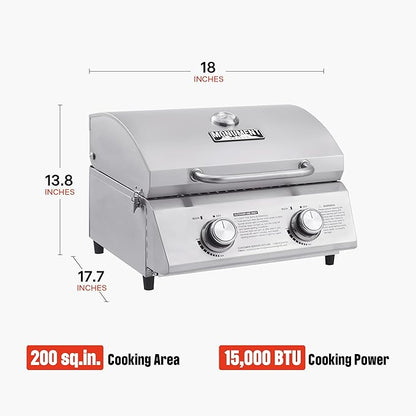 Monument Grills Tabletop Propane Gas Grill for Outdoor Portable Camping Cooking with Travel Locks, Stainless Steel High Lid, and Built in Thermometer