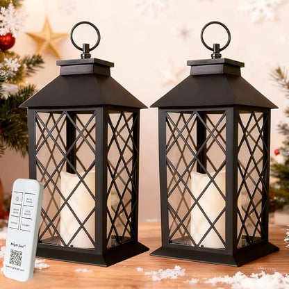 2-Pack 13.5" Candle Lanterns Outdoor Waterproof Decorative Lights with Timer Remote - Decorative Indoor LED Lanterns Battery Operated - Cool White Vintage Lantern Outdoor