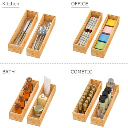 Bamboo Kitchen Drawer Organizer, Stackable Silverware Tray Utensil Organizer Cutlery Holder for Kitchen,Wooden Storage Box for Bathroom, Multi-Use Storage Bins Dividers for Office(12x3x2.5 inch）