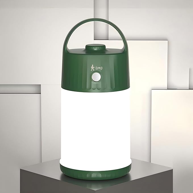 Motion Sensor LED Night Light - Cordless Battery Powered Table Lamp, Portable Lamps Lantern for Outdoor Camping Tents, 4 Brightness Level, Press Dimmable Safe Night Lights, 1 Pack (Green)