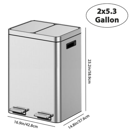 2 x 5.3 Gal (2 x 20L) Trash Can, Stainless Steel Triple Compartment Step-On Recycling Bin with Soft-Close Lids & Removable Plastic Inner Buckets for Kitchen, Home, Office