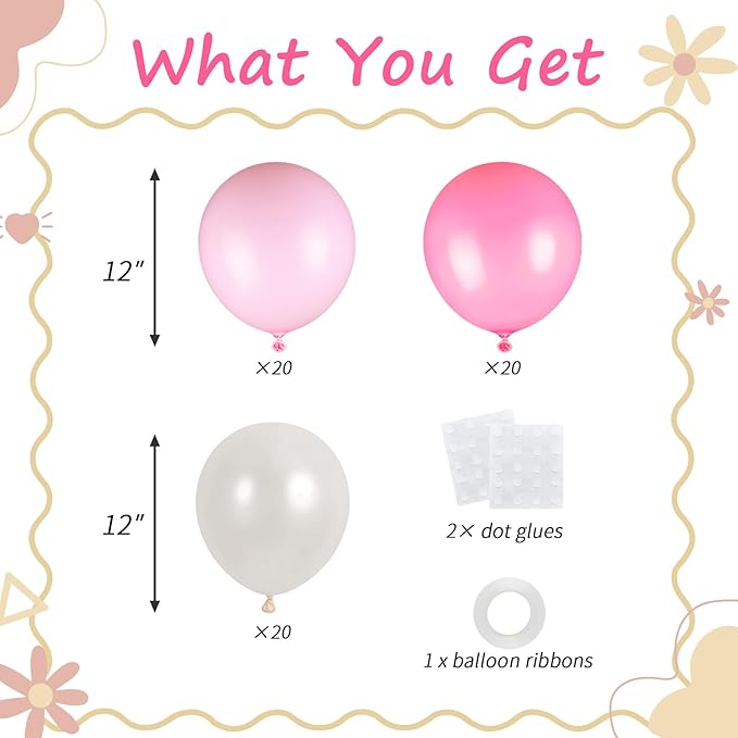 60pcs Pink and Pearl White Balloons Kit, 12 Inch Pastel Pink Pearl Latex Balloons for Baby Showers, Princess Birthday, Bridal Shower, Wedding & Bachelorette Party Decorations