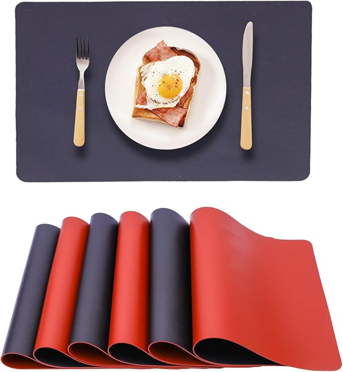 Faux Leather Placemats Set of 6,Reversible PU Placemat for Dining Table,Waterproof Table Mats Heat Resistant Wipeable Anti Slip Washable,Modern Table Protectors(Black and Red)