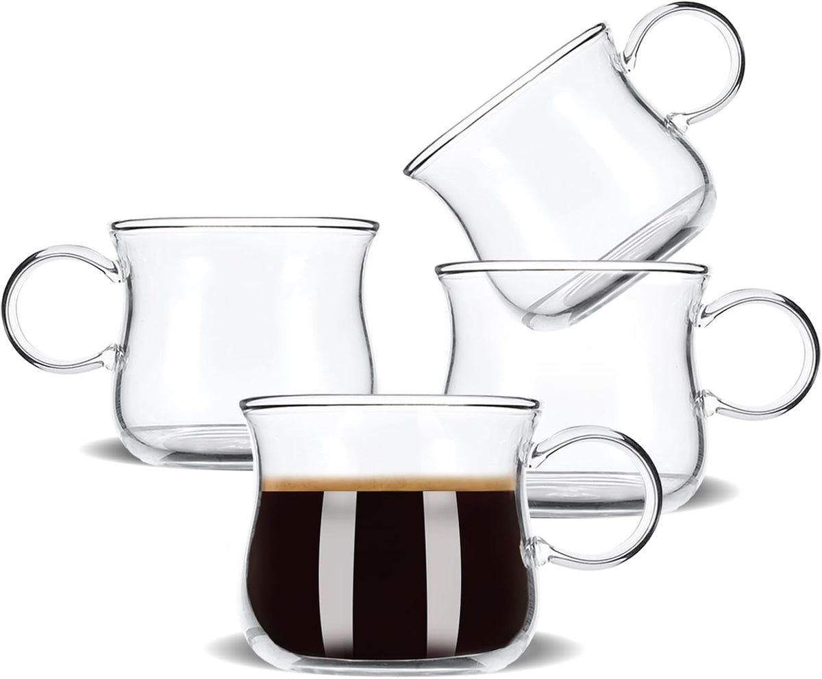 Espresso Cups Set of 4, 5 Ounces Espresso Shot Glass, Clear Double Esperesso Glasses with Handle, Small Tazas De Cafe Espresso Machine Accessories