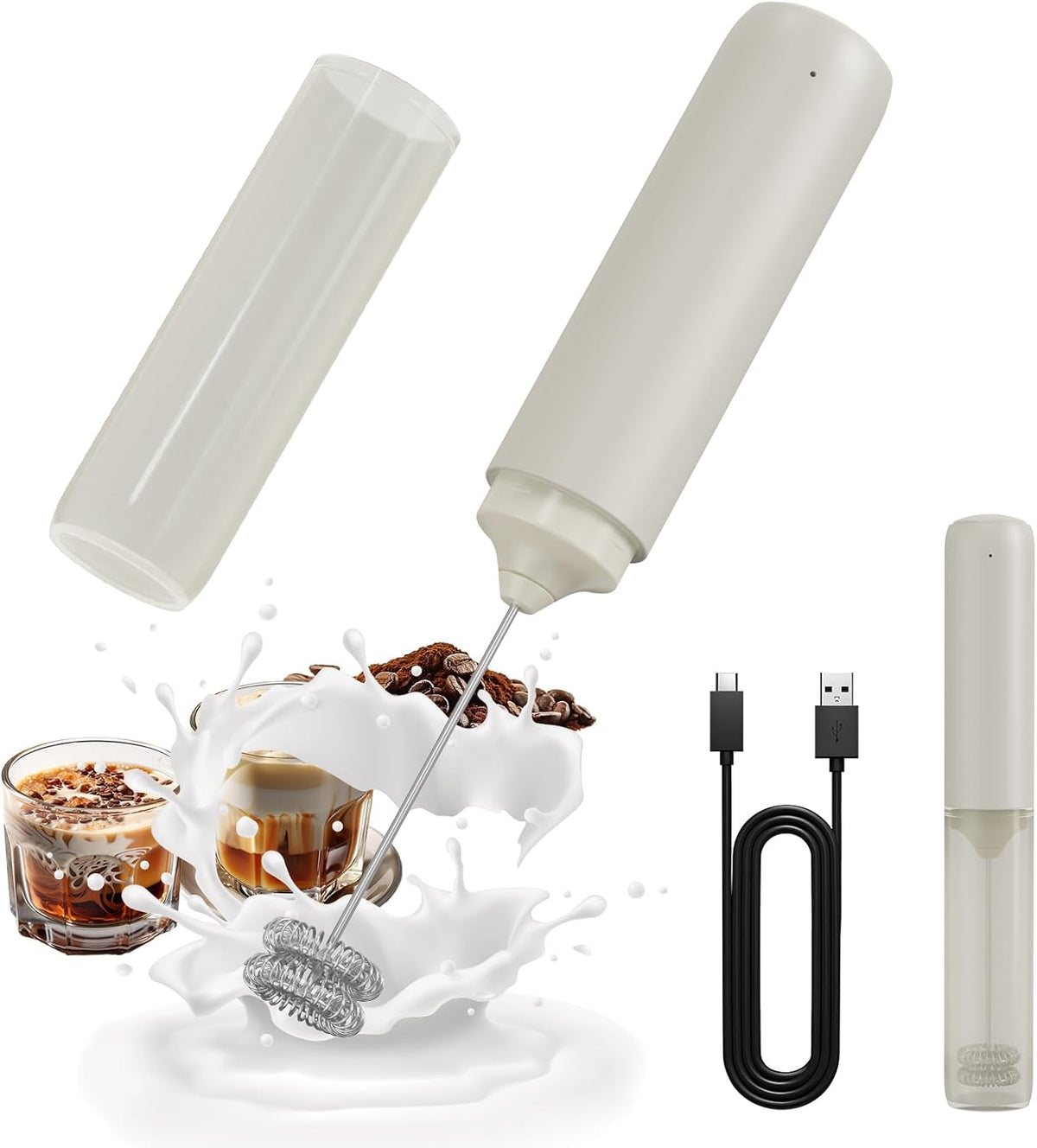 Circle JOY Portable Rechargeable Milk Frother Hanheld, Dual Spring Whisk Electric Coffee Frother Wand Drink Mixer for Matcha Lattes Cappuccino