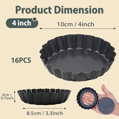 Mini Tart Pans Removable Bottom: Nonstick 4 Inch Quiche Pan Fluted Edge Set of 16 - Sturdy Carbon Steel Tart Molds for Baking